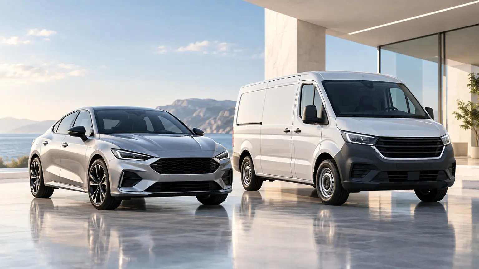 Passenger car and cargo van together on a terrace