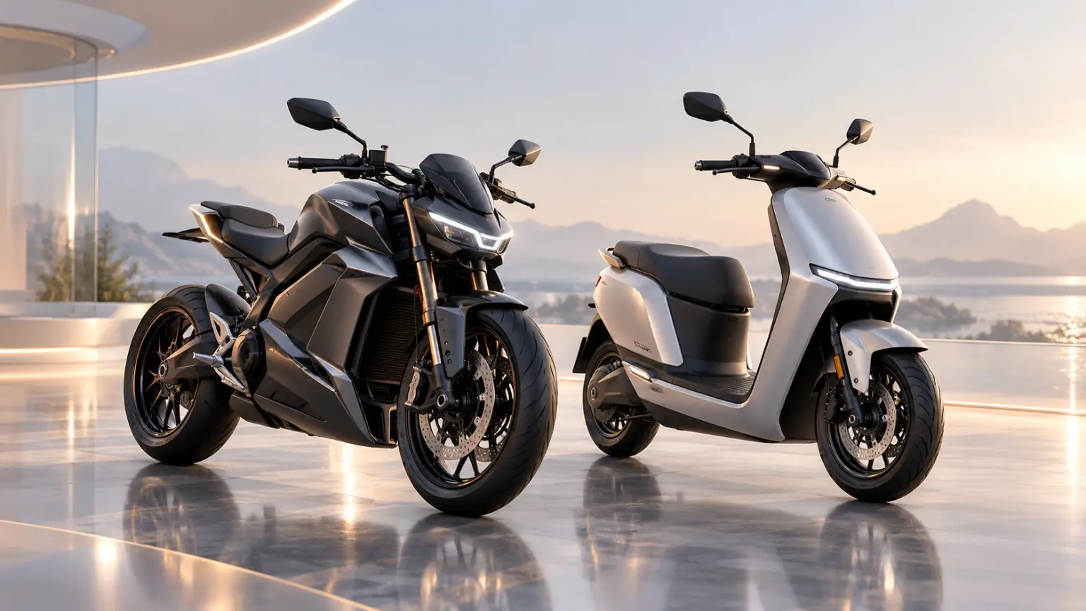 Electric motorcycle and scooter together on a terrace